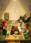  3girls :o :q bangs beret bird_wings black_bow black_skirt black_vest bow braid brown_hair chopsticks collared_shirt commentary cup demon_wings dress eating english_text food green_bow green_dress green_eyes green_headwear hair_bow hat holding holding_plate hong_meiling koakuma light_bulb looking_at_another multiple_girls okonomiyaki one-hour_drawing_challenge piyo_(sqn2idm751) plate poster_(object) puffy_short_sleeves puffy_sleeves red_eyes redhead reiuji_utsuho restaurant shirt short_sleeves skirt smoke table third_eye tongue tongue_out touhou tray vest white_shirt wings 