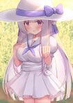  1girl absurdres aihara_kazushi alternate_costume azur_lane blush bow braid braided_bun cygnet_(azur_lane) double_bun dress flower grass grey_sailor_collar hat hat_ribbon highres long_hair neckerchief outdoors puffy_short_sleeves puffy_sleeves purple_neckerchief red_eyes ribbon sailor_collar sash short_sleeves solo sun_hat sundress sweat white_dress white_hair 