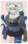  1girl absurdres asymmetrical_legwear belt black_belt black_skirt blue_choker blue_hair blue_legwear blue_lips blush bow bowtie choker cowboy_shot eyebrows_visible_through_hair fangs green_bow green_bowtie green_hair grey_shirt hair_bow highres japari_symbol kemono_friends kemono_friends_3 multicolored_hair plaid plaid_skirt pleated_skirt sailor_collar scales school_uniform shirt skirt snake_print snake_tail solo tail toriny twintails white_hair yamata_no_orochi_(kemono_friends) yellow_eyes 