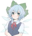  1girl absurdres ahoge bangs blue_dress blue_eyes blue_hair blush bow cirno closed_mouth collared_shirt crossed_arms dress eyebrows_visible_through_hair green_bow hair_between_eyes hair_bow highres ice ice_wings kuromame_(8gou) looking_at_viewer neck_ribbon pinafore_dress puffy_short_sleeves puffy_sleeves red_ribbon ribbon shirt short_hair short_sleeves simple_background smile solo touhou upper_body wavy_hair white_background white_shirt wings 