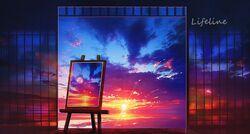  chinese_commentary clouds doorway dusk easel evening highres horizon landscape lifeline_(a384079959) no_humans ocean original painting_(object) scenery signature sky sun sunset 