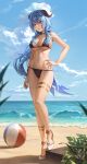  1girl absurdres ahoge alternate_costume ankle_strap arm_at_side ball bangs beach beachball bikini black_bikini blue_hair blue_nails blue_sky breasts clouds colored_tips commentary eyebrows_behind_hair flower_knot full_body ganyu_(genshin_impact) genshin_impact goat_horns gold_trim hand_on_hip highres horizon horns large_breasts legs legs_together linea_alba lips long_hair minttchocok multicolored_eyes multicolored_hair navel ocean parted_lips pumps sidelocks sky solo standing swimsuit thighlet thighs violet_eyes waves white_footwear 