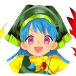  1girl apron bangs blue_hair commentary_request dress face green_apron green_headwear green_hood haniyasushin_keiki happy head_scarf highres keiki8296 long_hair looking_at_viewer magatama magatama_necklace open_mouth puffy_short_sleeves puffy_sleeves short_sleeves simple_background single_strap solo touhou violet_eyes white_background yellow_dress 