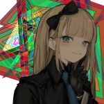  1girl :t black_bow black_gloves black_shirt blonde_hair blue_necktie bow closed_mouth collared_shirt gloves green_eyes hair_bow hand_on_own_chin highres long_hair looking_at_viewer multicolored_background narue necktie original shirt smile solo wing_collar 