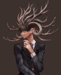  1boy antlers black_hair black_suit blue_necktie brown_background brown_eyes collared_shirt facing_to_the_side formal goat_boy goat_horns hand_up highres horizontal_pupils horns long_sleeves looking_at_viewer multiple_horns necktie original sheep_horns shirt short_hair solo suit sumosamo upper_body white_shirt 