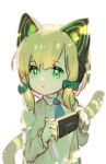  1girl animal_ears blonde_hair blue_archive blue_necktie bow fake_animal_ears fake_tail green_bow green_eyes grey_background hair_bow handheld_game_console headphones holding luvents3 midori_(blue_archive) necktie parted_lips simple_background solo tail upper_body 