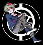  1boy amami_rantarou bangs black_background blood blood_in_hair blood_on_arm blood_on_clothes blood_on_face brown_pants collarbone danganronpa_(series) danganronpa_v3:_killing_harmony earrings eyebrows_visible_through_hair full_body green_eyes hair_between_eyes jewelry knee_up male_focus necklace pants parted_lips pink_blood shirt shoes short_hair smile solo striped striped_shirt teeth towa_(01towa_0w0) white_background 