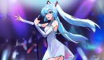  1girl absurdres blonde_hair cowboy_shot dated detached_sleeves dress from_side grey_dress hatsune_miku highres holding microphone microphone_stand open_mouth outstretched_arm purple_background solo twintails vergil_mon vocaloid 