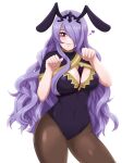  adapted_costume animal_ears breasts bunny_pose camilla_(fire_emblem) curly_hair fire_emblem fire_emblem_fates fire_emblem_heroes hair_ornament hair_over_one_eye heart highres large_breasts lips long_hair one_eye_covered pantyhose playboy_bunny purple_hair rabbit_ears seityr tiara violet_eyes 