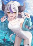  ahoge braid collarbone demon_horns fang hair_between_eyes hololive horns la+_darknesss long_hair lookhow multicolored_hair nail_polish pointy_ears purple_hair striped_horns summer swimsuit thigh_strap thighs two-tone_hair white_hair 