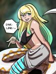  arms_behind_back blonde_hair blush breasts english_text fire_emblem fire_emblem_heroes fjorm_(fire_emblem) gradient_hair green_eyes green_hair highres lamia large_breasts long_hair mnejing30 monster_girl multicolored_hair nail_polish sarong scales sleeveless smile very_long_hair 