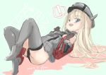  ! 1girl bismarck_(kancolle) black_panties blonde_hair blue_eyes brown_gloves dress elbow_gloves fyuo gloves grey_dress grey_legwear hat highres kantai_collection military military_uniform one-hour_drawing_challenge panties peaked_cap solo spoken_exclamation_mark thigh-highs underwear uniform younger 