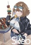  1girl absurdres bangs belt black_belt black_jacket blue_shorts blush bottle breasts brown_hair chcn commentary_request cowboy_shot eyewear_on_head food fur_trim girls_frontline gloves grizzly_mkv_(girls&#039;_frontline) highres holding holding_bottle holding_food jacket large_breasts looking_at_viewer navel open_clothes open_jacket open_mouth shirt short_hair shorts signature smile solo standing sunglasses teeth violet_eyes white_shirt 