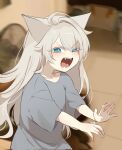  1girl ahoge animal_ears aoirnn blue_eyes blurry blurry_background blush cat_ears cat_girl electric_fan eyebrows_visible_through_hair eyes_visible_through_hair fangs grey_hair hair_between_eyes highres long_hair looking_at_viewer mole open_mouth original photo-referenced solo tongue 