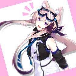  1girl :d absurdres animal_ear_fluff animal_ears arknights bare_shoulders black_sleeves black_vest blue_necktie brown_hair cardigan_(arknights) clothes_lift detached_sleeves dog_ears genieko goggles goggles_on_head highres long_hair looking_at_viewer multicolored_hair necktie notice_lines open_mouth pink_background shirt sidelocks simple_background smile solo streaked_hair teeth two-tone_background two-tone_hair upper_teeth very_long_hair vest violet_eyes white_background white_shirt 