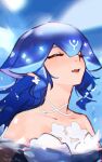  1girl bao_(vtuber) bare_shoulders blue_hair closed_eyes dress earrings facing_viewer highres indie_virtual_youtuber jewelry long_hair parted_lips solo upper_body vergil_mon white_dress 