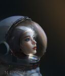 1girl artist_name blonde_hair blue_eyes commentary_request eyelashes fantasy freckles gradient gradient_background highres looking_afar nixeu original parted_lips pointy_nose realistic red_lips shadow solo space space_helmet spacesuit thick_eyebrows upper_body 