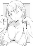  1girl bikini bikini_top_only breasts collarbone dated grey_background greyscale highres kichihachi large_breasts long_hair looking_at_viewer monochrome original simple_background solo swimsuit twitter_username two-tone_background upper_body white_background 