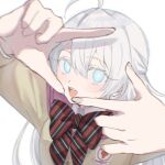  1girl ahoge aoirnn blue_eyes blush bow fingernails grey_background grey_hair highres light_blue_eyes long_fingernails long_hair looking_at_viewer mole open_mouth original school_uniform simple_background solo striped striped_bow teeth uniform upper_body upper_teeth 