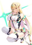  1girl adapted_costume aegis_sword_(xenoblade) bangs blonde_hair breasts chest_jewel daive earrings elbow_gloves gloves highres jewelry large_breasts long_hair mythra_(xenoblade) short_shorts shorts solo swept_bangs sword thigh-highs tiara very_long_hair weapon white_gloves xenoblade_chronicles_(series) xenoblade_chronicles_2 yellow_eyes 