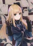 1girl bangs blonde_hair blue_jacket blush brown_gloves chitake closed_mouth eyebrows_visible_through_hair fate/grand_order fate_(series) gloves hands_up hat jacket long_hair looking_at_viewer paper reines_el-melloi_archisorte shiny shiny_hair smile tilted_headwear 