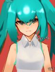  1girl absurdres bare_shoulders blue_hair closed_mouth collared_shirt dated grey_eyes hatsune_miku highres looking_at_viewer red_background shirt signature simple_background sleeveless sleeveless_shirt solo twintails vergil_mon vocaloid white_shirt wing_collar 