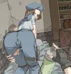  1girl 1other absurdres ass bed black_gloves blue_eyes blue_headwear blush bottle brown_hair cabinet can chair closed_mouth combat_knife eyebrows_visible_through_hair eyes_visible_through_hair fingernails gloves gun highres holding holding_can holster holstered_weapon indoors injury jill_valentine knife looking_back outline pants pantsu-ripper pillow pov pov_hands resident_evil scabbard sheath sheathed short_hair sketch thigh_strap torn torn_clothes torn_pants weapon white_outline wooden_floor 