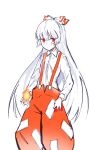  1girl absurdres closed_mouth commeowdore fire flame fujiwara_no_mokou grey_hair hair_ribbon highres hime_cut long_hair looking_at_viewer pants red_pants ribbon shirt simple_background suspenders touhou white_shirt 