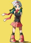  1girl beanie blue_eyes blue_hair breasts full_body hair_ornament hairclip hat highres hikari_(pokemon) hyou_(hyouga617) long_hair looking_at_viewer open_mouth pink_footwear pokemon pokemon_(game) pokemon_dppt scarf simple_background skirt sleeveless solo white_headwear 