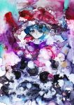  1girl abstract black_dress blue_eyes blue_hair commentary doremy_sweet dress fu~ai hat highres looking_at_viewer multicolored_clothes multicolored_dress nightcap one-hour_drawing_challenge red_headwear short_hair solo touhou traditional_media upper_body white_dress 