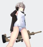  1girl absurdres ahoge ass_visible_through_thighs black_gloves black_jacket bolt_action cheytac_m200 clothes_pull covered_navel eyebrows_visible_through_hair girls_frontline gloves grey_background grey_hair gun highres jacket m200_(girls&#039;_frontline) nakiusagi one-piece_swimsuit ponytail rifle school_swimsuit simple_background sniper_rifle solo swimsuit swimsuit_pull violet_eyes weapon white_swimsuit 