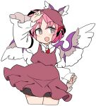  1girl animal_ears bangs bird_ears bird_wings brown_dress brown_headwear dress earrings eyebrows_visible_through_hair fang grey_eyes hand_on_headwear highres ini_(inunabe00) jewelry long_sleeves looking_at_viewer mystia_lorelei open_mouth pink_hair short_hair simple_background single_earring skin_fang solo standing touhou white_background white_wings winged_hat wings 