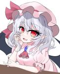  1girl :d arm_support ascot bat_wings black_wings dress eyebrows_visible_through_hair fang grey_hair hand_in_own_hair hat hat_ribbon highres looking_at_viewer mob_cap open_mouth pink_dress pink_headwear red_ascot red_eyes red_ribbon remilia_scarlet ribbon s_vileblood short_hair short_sleeves simple_background skin_fang smile solo touhou upper_body white_background wings 