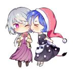  &gt;_&lt; 2girls black_dress blue_hair bow bowtie brown_footwear chibi commeowdore doremy_sweet dress grey_hair hat highres kishin_sagume licking licking_another&#039;s_face multiple_girls one_eye_closed purple_dress short_hair short_sleeves simple_background touhou 