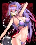  1girl absurdres ahoge ball_and_chain_(weapon) bangs bikini blue_eyes clarissa_(epic_seven) commentary covered_nipples english_commentary epic_seven eyebrows_visible_through_hair grin hairband hand_in_own_hair highres hip_bones holding holding_weapon long_hair looking_at_viewer navel purple_bikini purple_hair red_hairband rpg_(ram) sharp_teeth smile swimsuit teeth weapon 