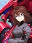  1girl bangs black_gloves blue_eyes brain_powered breasts brown_hair crossed_arms gloves gran_cher hair_between_eyes highres mecha medium_breasts medium_hair orrdriver pilot_suit quincy_issa science_fiction sky visor water 