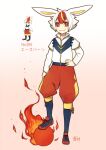  1boy animal_ears aona_(noraneko) ball blonde_hair character_name fire hand_on_hip humanization layered_legwear layered_sleeves long_sleeves looking_at_viewer male_focus multicolored_hair pokedex_number pokemon popped_collar rabbit_ears red_eyes redhead shoes short_hair short_sleeves shorts smile sneakers streaked_hair v-shaped_eyebrows white_hair zipper_pull_tab 