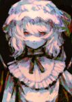  1girl :| absurdres bangs closed_mouth collar commentary expressionless fangs flandre_scarlet frilled_collar frills hair_between_eyes hat hat_ribbon highres mob_cap monochrome muha_kakka neck_ribbon red_eyes ribbon shirt simple_background solo touhou upper_body vampire wings 