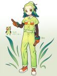 1boy animal_ears aona_(noraneko) brown_eyes character_name forehead frown gloves green_hair hair_ornament hair_pulled_back half_updo holding holding_stick humanization jumpsuit layered_sleeves long_hair looking_to_the_side male_focus monkey_ears monkey_tail multicolored_hair pokedex_number pokemon shoes short_sleeves signature sneakers stick tail thwackey two-tone_hair v-shaped_eyebrows wristband 