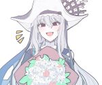  1girl arknights bangs blush bouquet clothing_cutout eyebrows_visible_through_hair flower hair_between_eyes hat head_tilt highres holding holding_bouquet long_hair looking_at_viewer notice_lines open_mouth pale_skin photo-referenced red_eyes rose shark_girl shoulder_cutout simple_background smile solo specter_(arknights) specter_the_unchained_(arknights) teeth tsume3mai upper_body white_background white_hair 