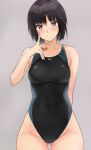  1girl amagami ass_visible_through_thighs bangs black_hair black_swimsuit blue_swimsuit blush bob_cut breasts brown_eyes closed_mouth collarbone commentary competition_swimsuit cowboy_shot grey_background groin hand_on_own_face head_tilt highleg highleg_swimsuit highres looking_at_viewer medium_breasts nanasaki_ai one-piece_swimsuit short_hair simple_background smile solo standing swimsuit thigh_gap two-tone_swimsuit ykh1028 