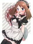  1girl absurdres alternate_costume bad_source blue_eyes blush bow brown_hair highres looking_at_viewer maid may_(pokemon) open_mouth plate pokemon solo tajimamo 