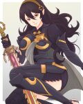  absurdres alternate_color alternate_hair_color black_hair cape corrin_(fire_emblem) corrin_(fire_emblem)_(female) fire_emblem fire_emblem_fates hairband highres long_hair official_alternate_costume pointy_ears puffy_sleeves red_eyes shorts simple_background super_smash_bros. sword thighs truejekart weapon 