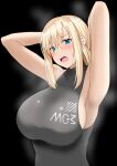  1girl aizawa_u-ji armpits arms_behind_head arms_up bangs bare_shoulders black_background black_shirt blonde_hair blue_eyes blush breasts character_name eyebrows eyebrows_visible_through_hair eyelashes female girls_frontline highres huge_breasts large_breasts looking_at_viewer mg3_(girls&#039;_frontline) mod3_(girls&#039;_frontline) open_mouth shirt sideboob sidelocks simple_background sleeveless sleeveless_shirt solo sweatdrop upper_body 