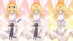  1girl :d angel_wings animal animal_ears black_cat black_cat_(elona) blonde_hair breasts cat cat_ears cat_girl cat_tail clouds dress ehekatl_of_luck elona feathers feet_out_of_frame flying gold_trim halo hands_on_own_thighs holding holding_animal large_breasts light_particles long_sleeves looking_at_viewer misono_mitama multiple_views own_hands_together robe sky smile tail v_arms variations white_dress white_wings wide_sleeves wings 