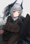  1girl absurdres arknights black_legwear black_shirt blush brown_vest cowboy_shot dragon_horns eyebrows_visible_through_hair grey_background grey_hair highres holding holding_shield horns liskarm_(arknights) liskarm_(overload)_(arknights) looking_at_viewer official_alternate_costume orange_eyes pantyhose ponytail shield shirt simple_background solo tactical_clothes teruriu thigh_strap vest 