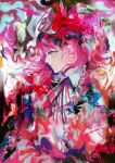  1girl abstract bangs blue_headwear blue_kimono commentary frilled_kimono frills from_side fu~ai ghost highres japanese_clothes kimono looking_at_viewer neck_ribbon pink_hair ribbon saigyouji_yuyuko short_hair smile touhou traditional_media triangular_headpiece upper_body veil 