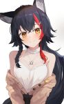  1girl animal_ear_fluff animal_ears bangs black_hair blush closed_mouth eyebrows_visible_through_hair hair_ornament hairclip highres hololive long_hair looking_at_viewer multicolored_hair ookami_mio redhead shuuzo3 sleeveless smile solo streaked_hair virtual_youtuber wolf_ears wolf_girl x_hair_ornament yellow_eyes 