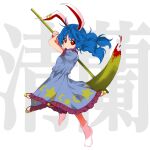  1girl ambiguous_red_liquid animal_ears blue_dress blue_hair commentary_request crescent crescent_print dress earclip frilled_dress frilled_sleeves frills full_body harukawa_moe_(style) highres keiki8296 kine mallet moon_rabbit puffy_short_sleeves puffy_sleeves rabbit_ears red_eyes seiran_(touhou) short_sleeves socks solo star_(symbol) star_print touhou white_legwear 
