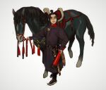  1girl avatar:_the_last_airbender avatar_(series) azula belt black_belt black_hair boots coat hand_on_hip highres horse looking_at_viewer medium_hair mossacannibalis saddle simple_background smile solo standing sword tassel topknot weapon white_background yellow_eyes 